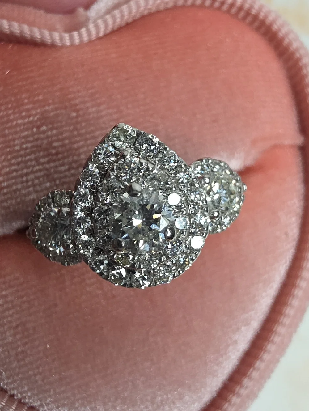 Diamond Halo Three-Stone Ring in Silver Tone - White1-1/2 CT. T. W. Diamond Past